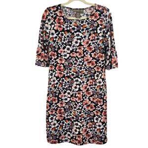 Alexandra + Oak Floral Liquid Knit Crewneck Half Sleeve Shift Dress Size S Black
